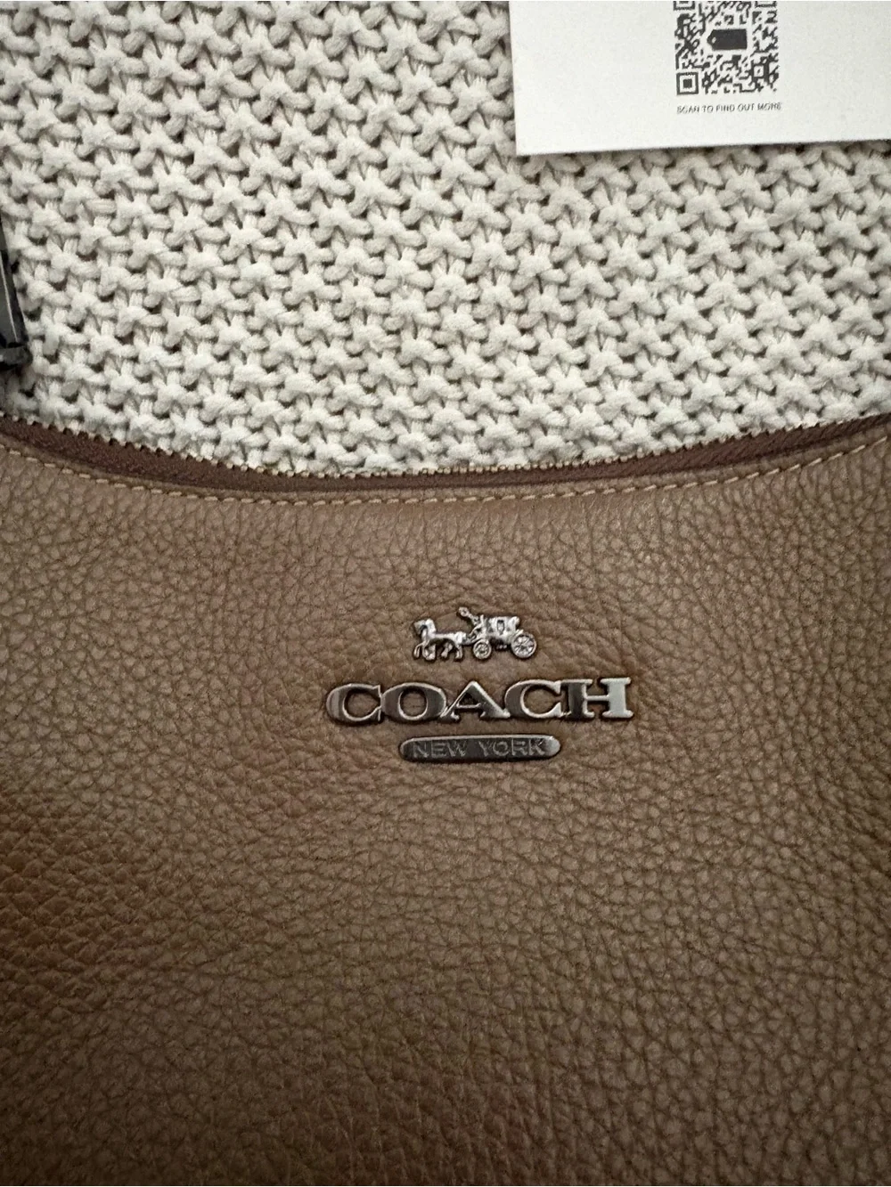 Coach Pebbled Leather Shoulder Bag in Taupe Brown with Gunmetal Chain